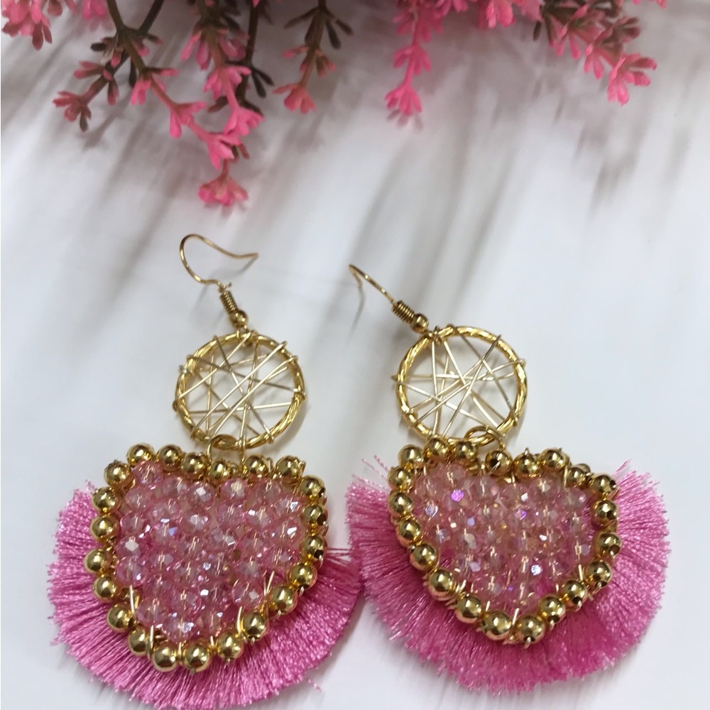 Heart Shape Gold Filled Handmade Pink Dangle Earrings 2.5" Artisan Boho Coquette